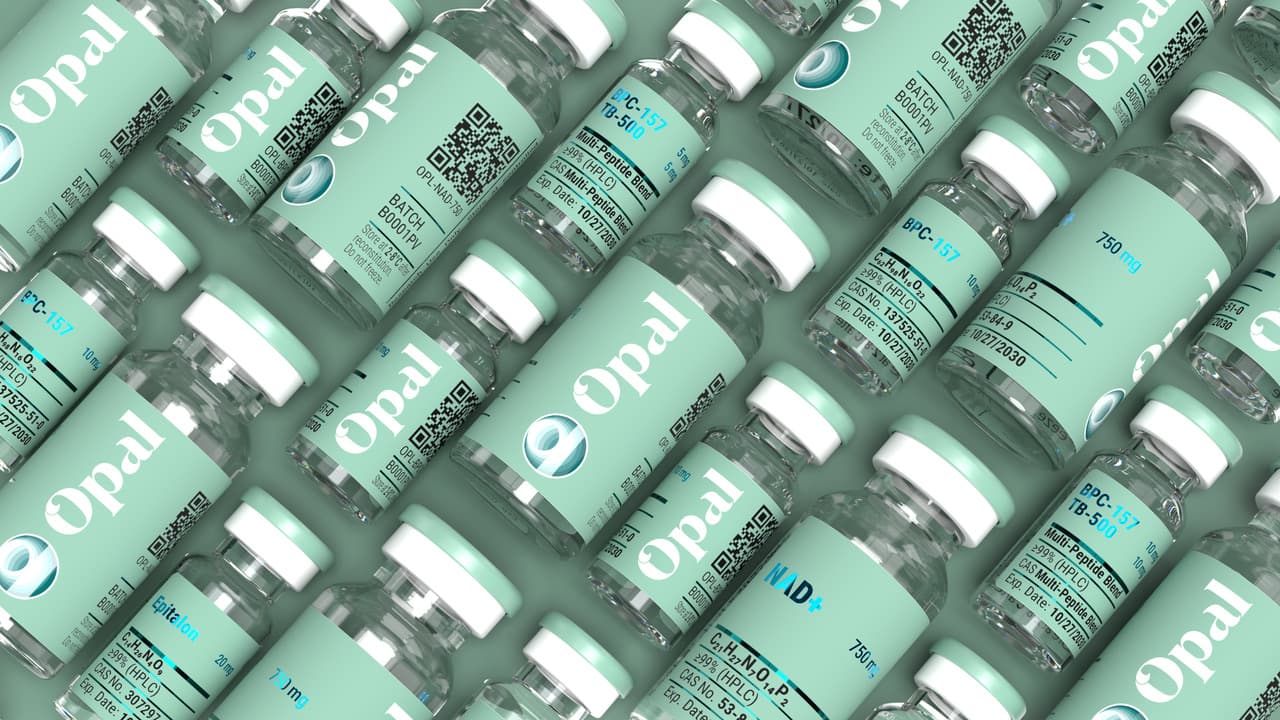 Tiled pattern of Opal Peptides clinical vials